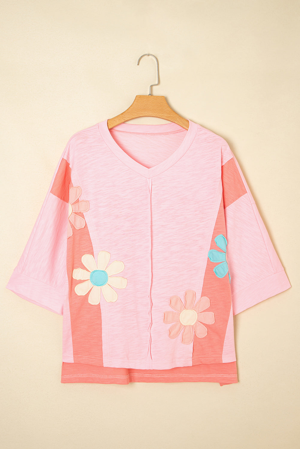 Exposed Flower Patched Seam Bracelet Sleeve Roomy T Shirt
