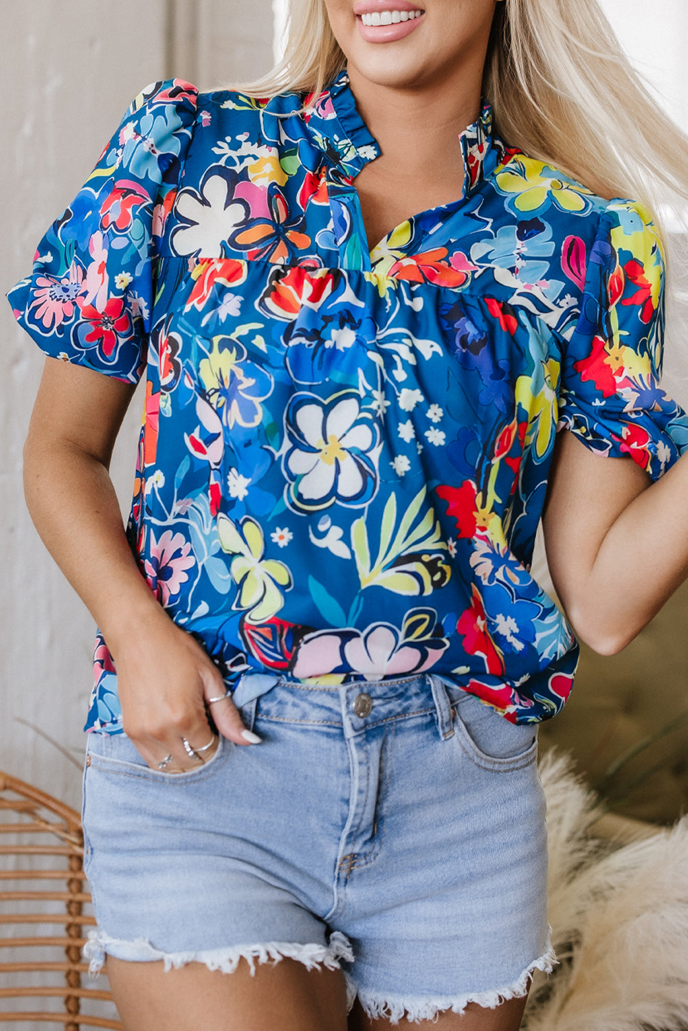 Flower Print Collared V-Neck Puff Short-Sleeved Loose Blouse