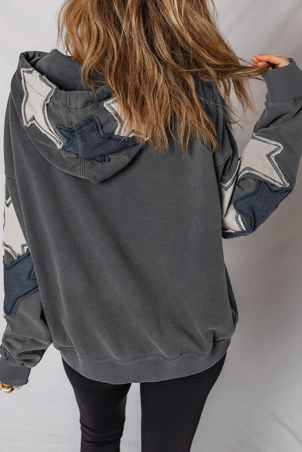 Star Stitching Patchwork Contrast Mineral Wash Kangaroo Pocket Retro Hoodie