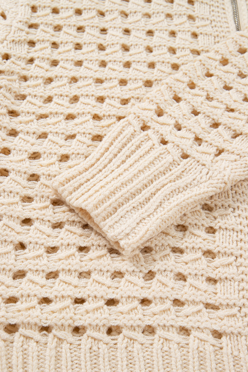 Hollowed Zip-Front Pattern Knit Drop-Shoulder Cardigan Knit Top