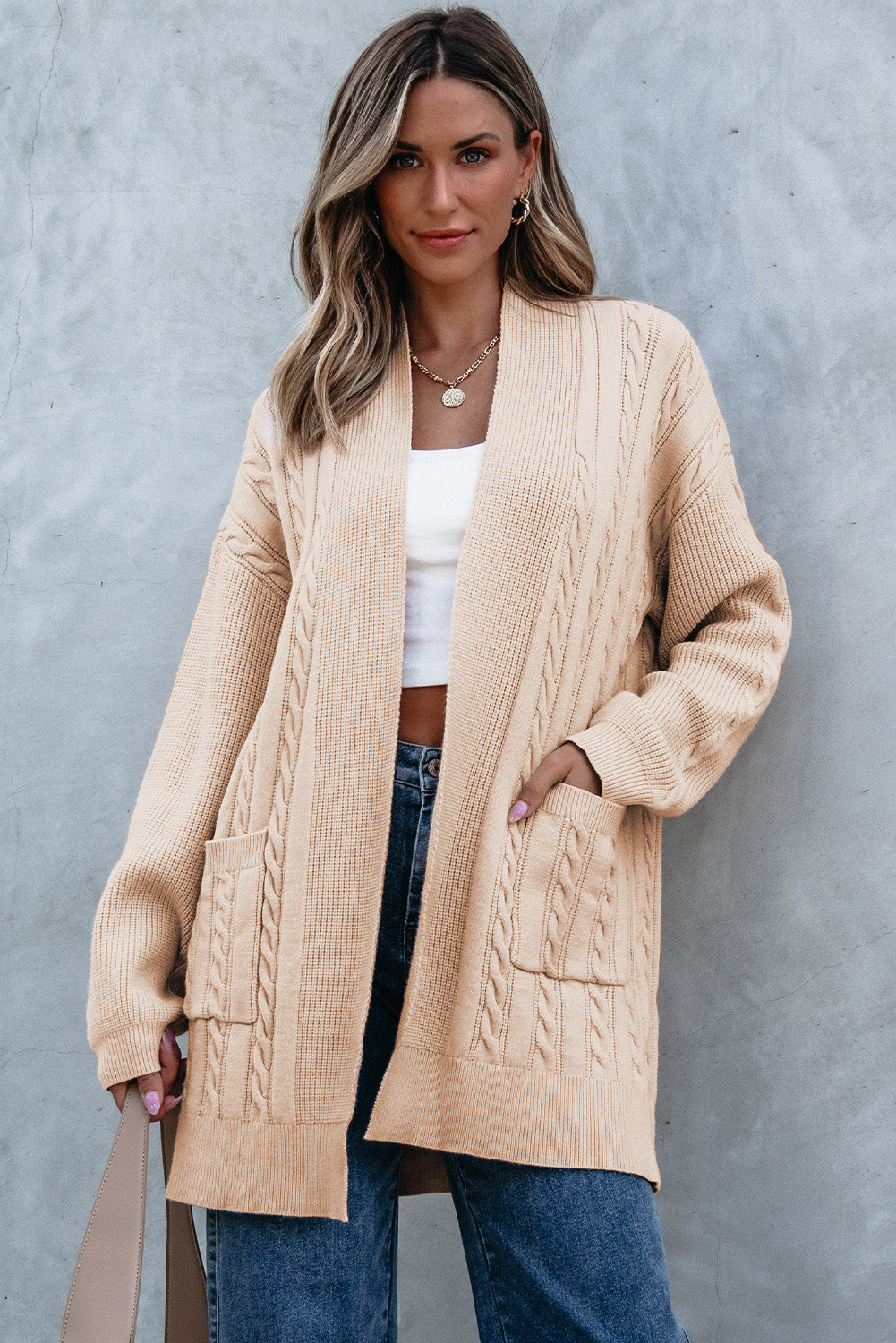 Cable Oversize Chunky Knit Open-Front Midi-length Cardigan