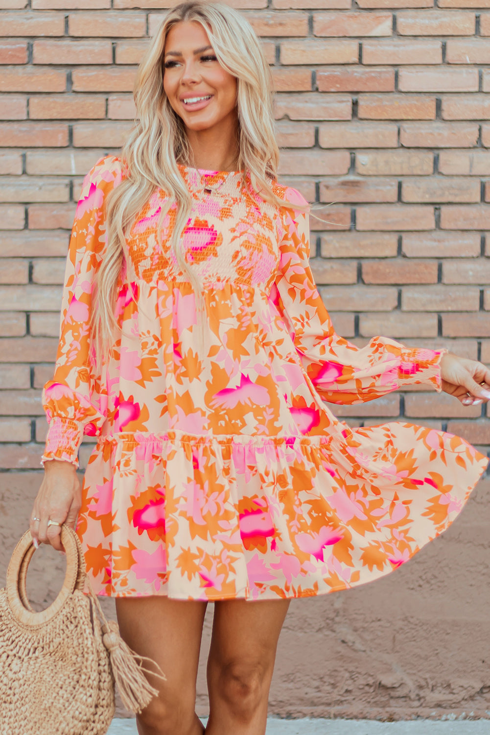 Women's Ruffle-Trimmed Shirred Lantern Sleeve Mini Dress