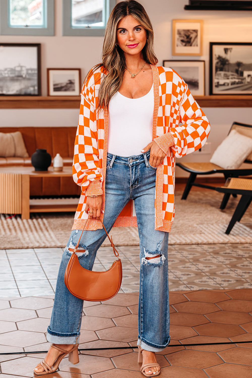 Open-Front Drop-Shoulder Checkered Drop-Shoulder Cardigan in Orange