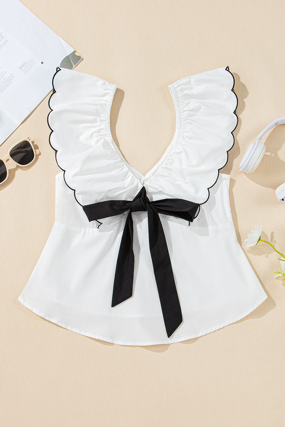 Contrast Bow Ruffle Trim V Neck Blouse