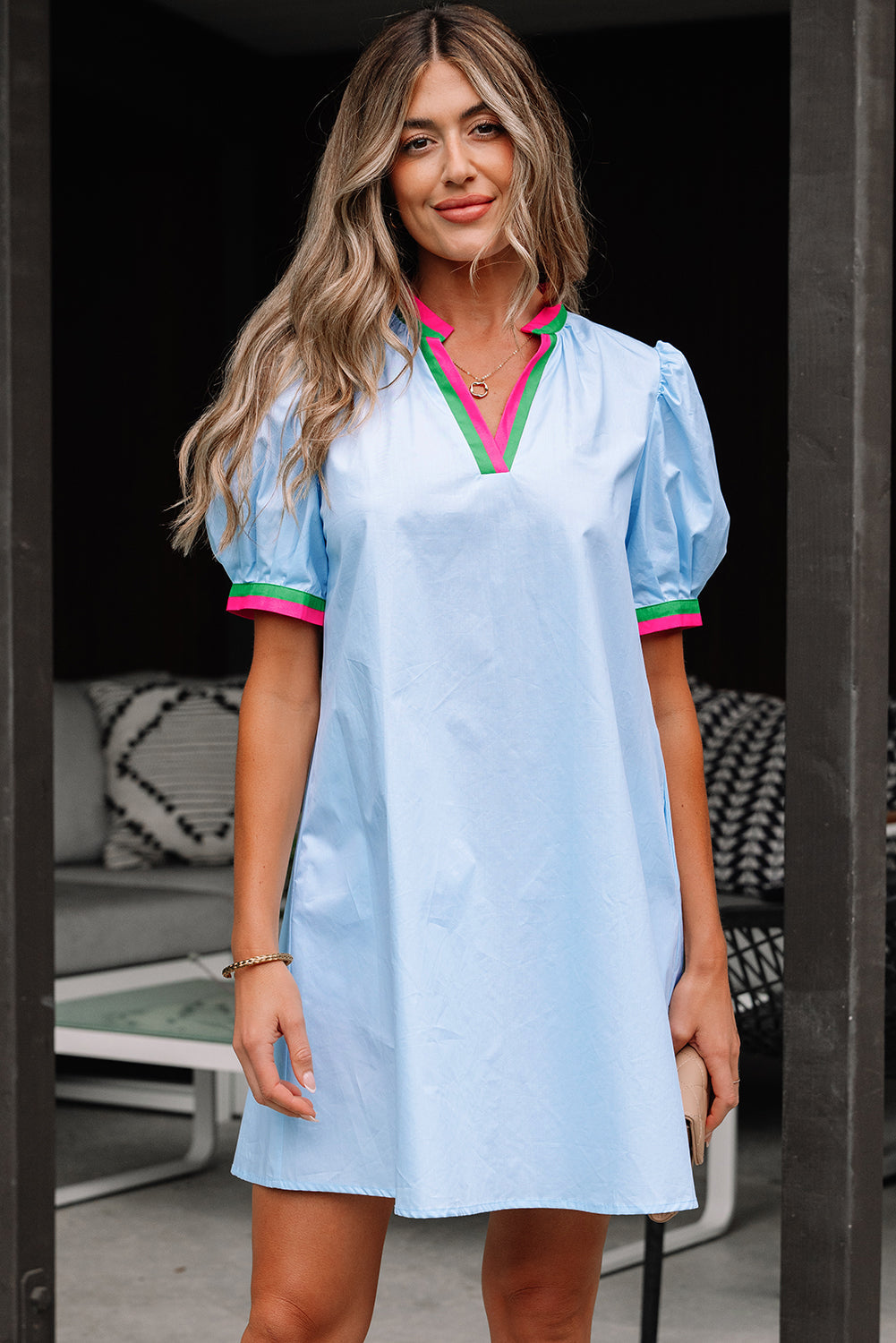Contrast V-Neck Striped Notched Puff Sleeve Mini Dress