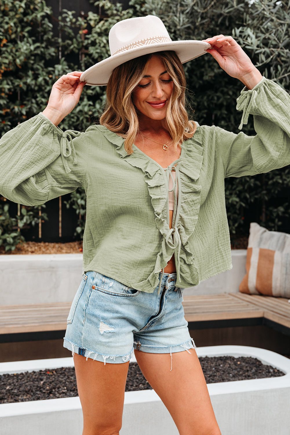 Bow Ruffle Tie Front Trim V-Neck Long-Sleeved Gauze Blouse