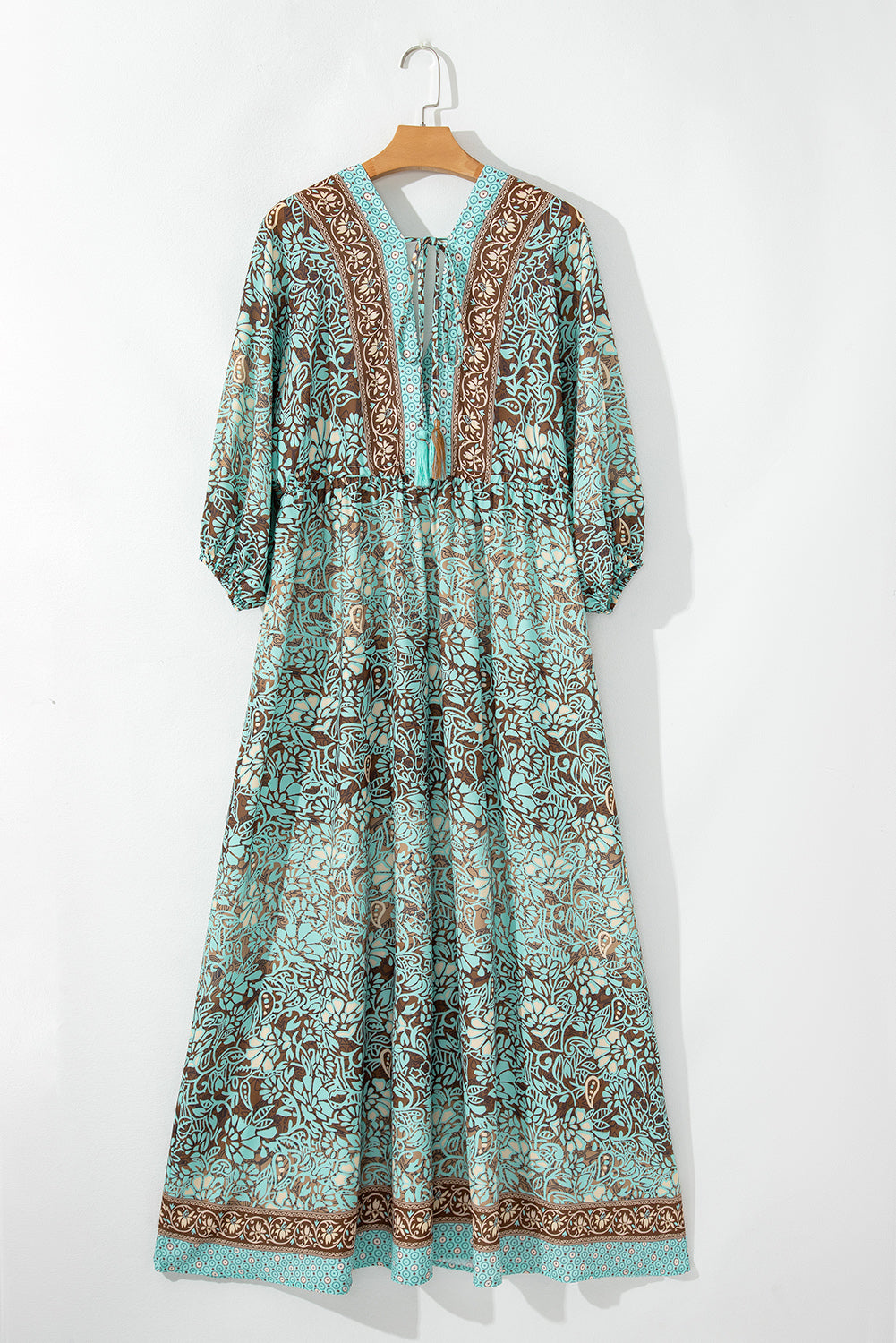 Green Boho Floral Print Lace-up Open Back Maxi Dress
