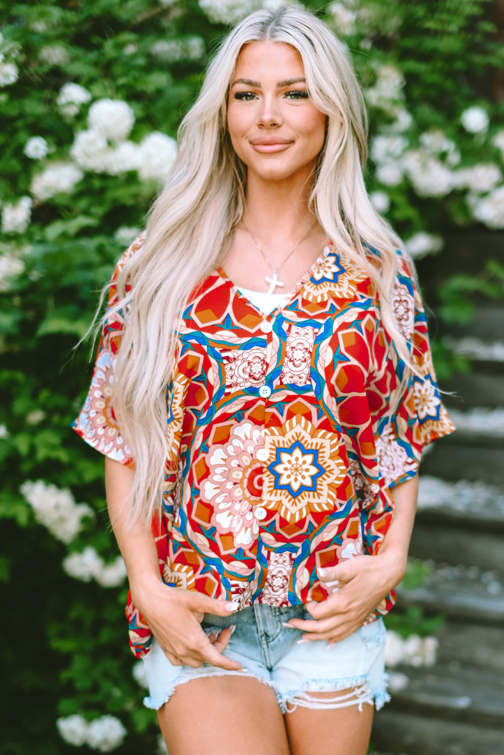 Women's Blouse Featuring Floral-Print Batwing Sleeve V Neck