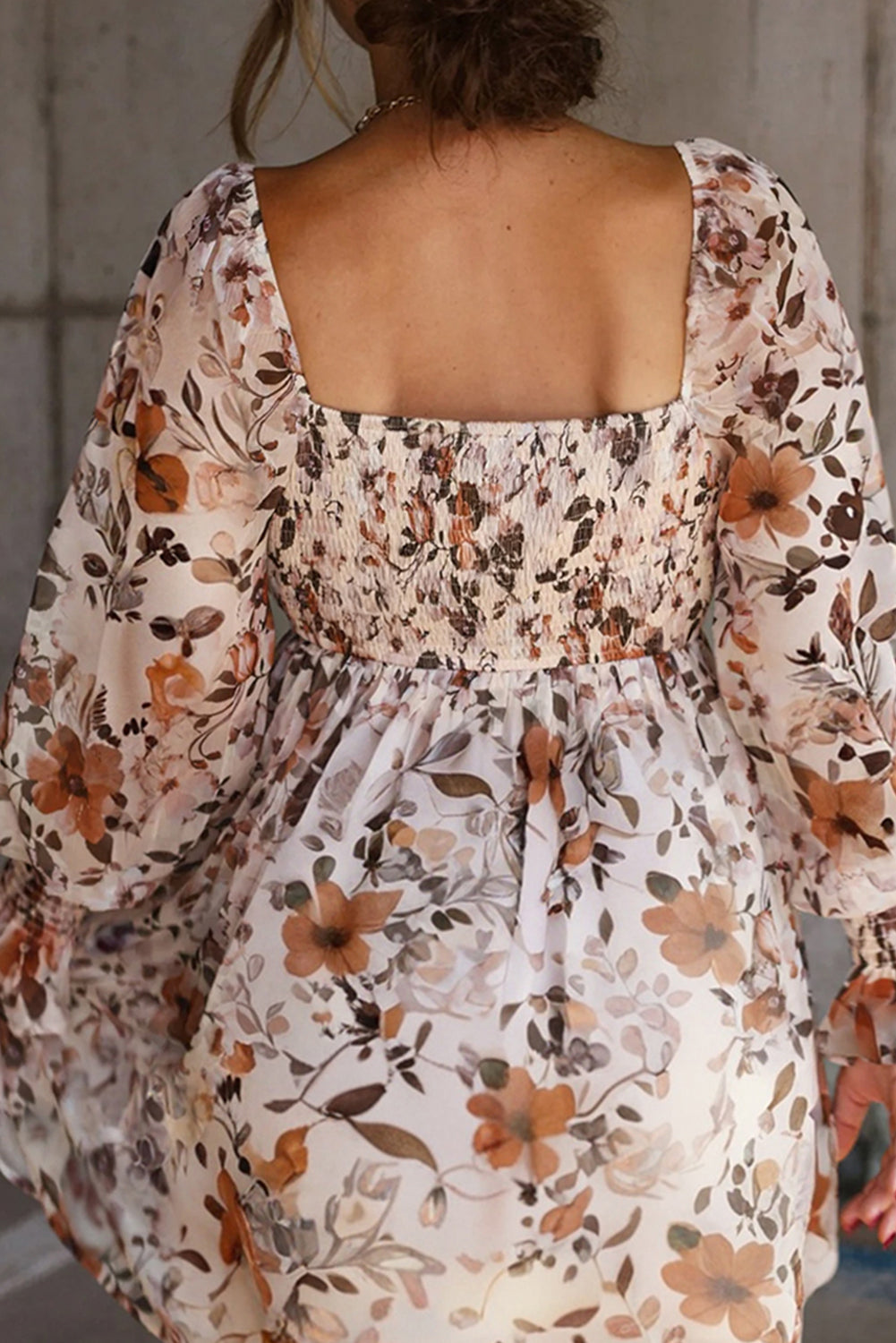Sweetheart Neck Floral-Print Neck Long-Sleeved High-Waisted Mini Dress