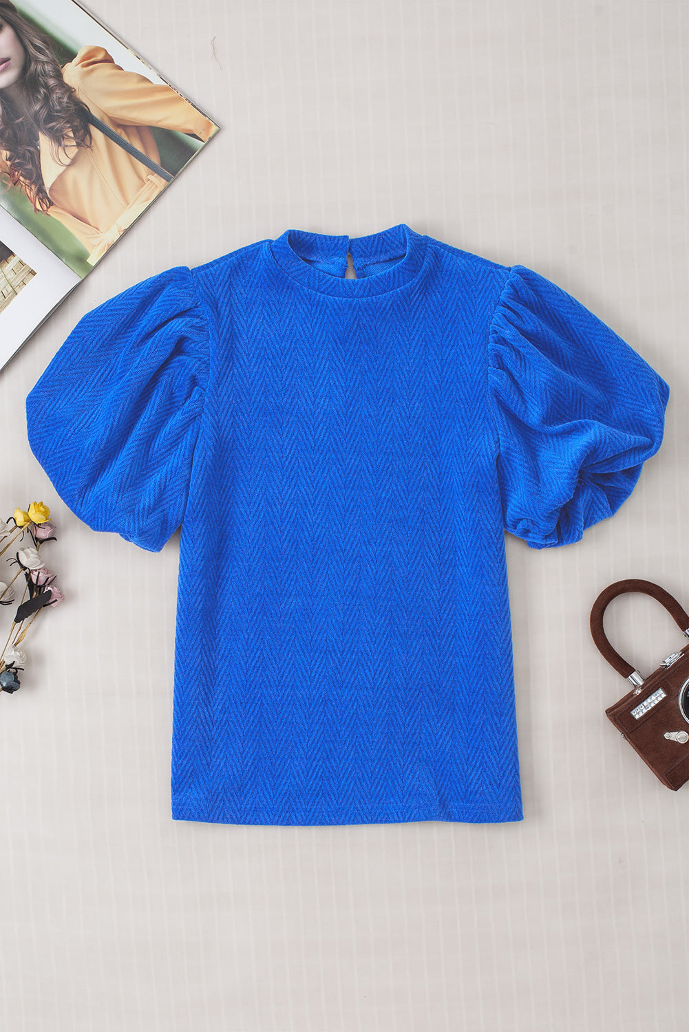 Women's Blouse Featuring Balloon Sleeve Mock Neck