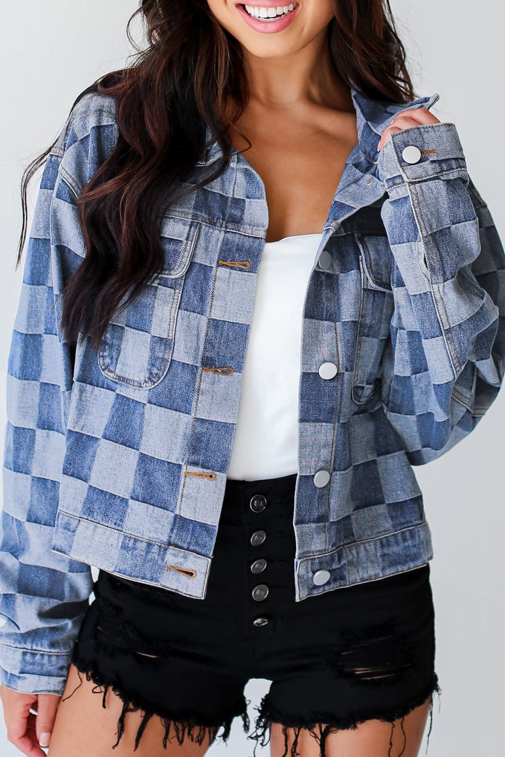 Checkered Denim Patchwork Button-Front Jacket in Light Blue
