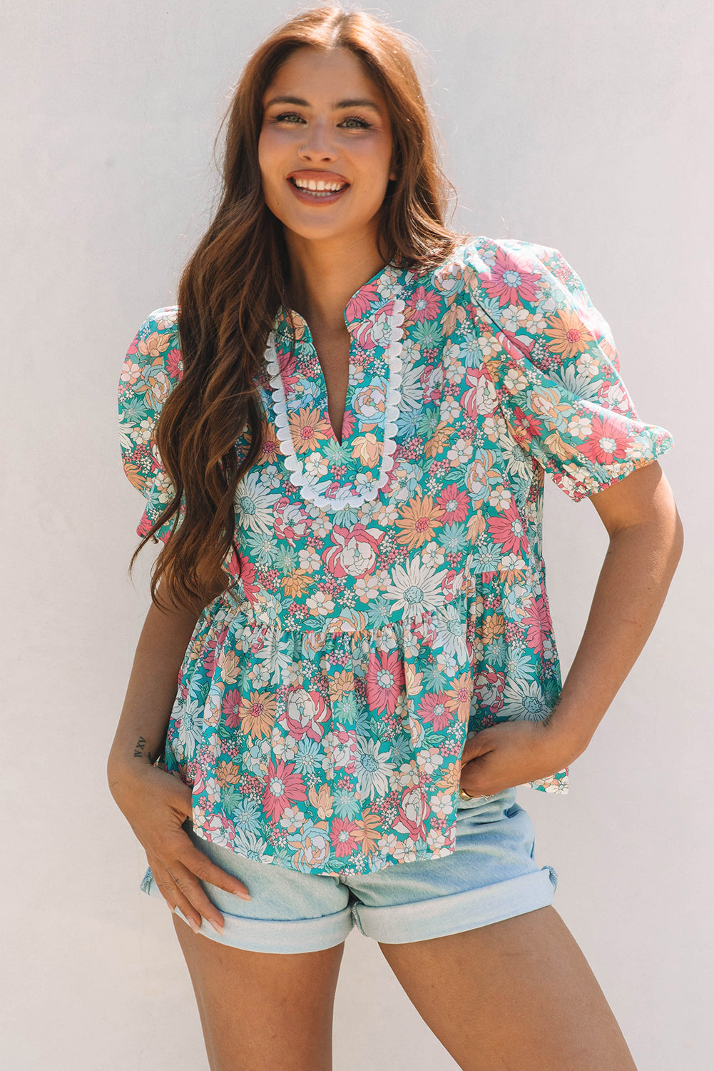 Notched Neck Puff Short Sleeve Floral Blouse