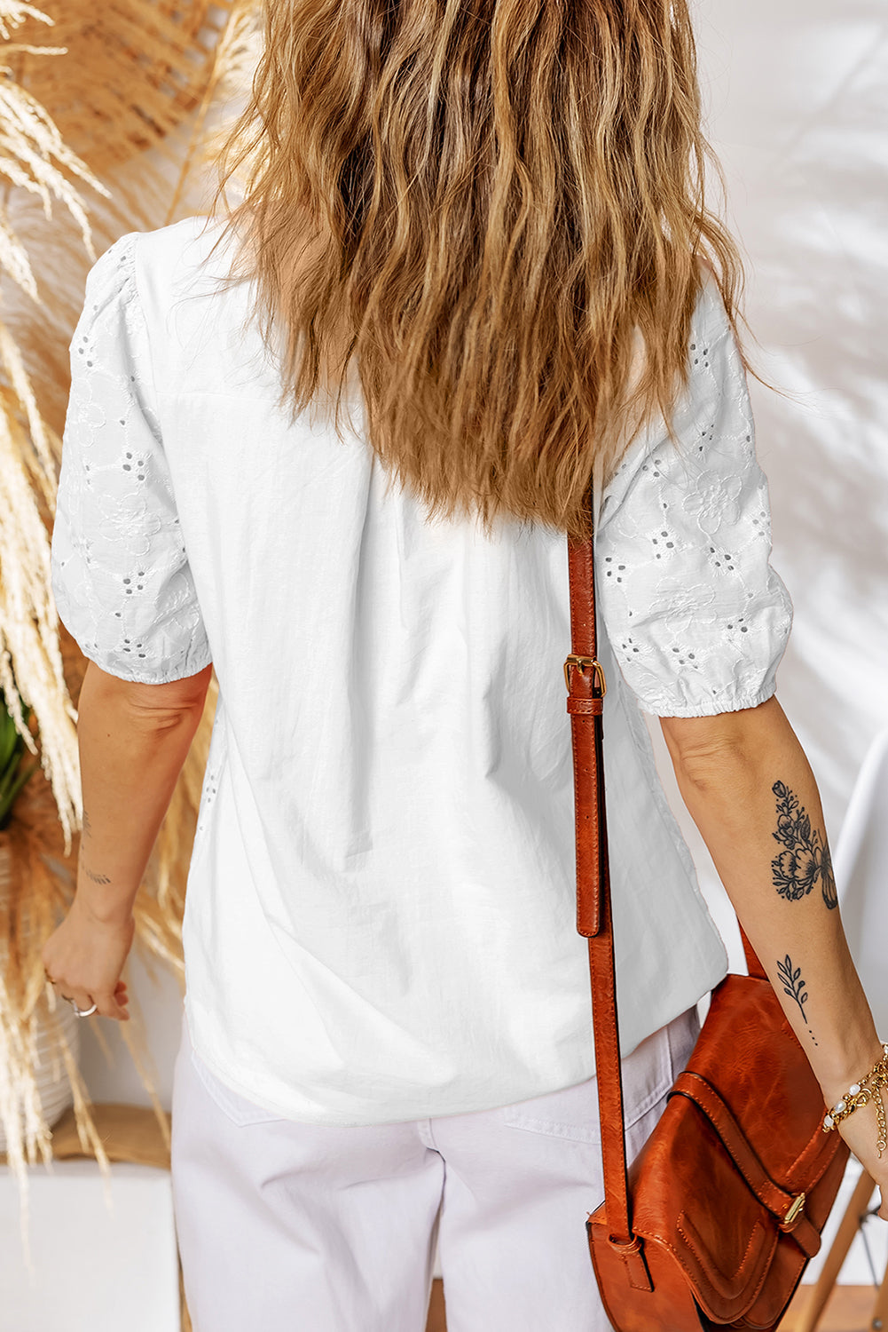 Lace Crochet V-Neck Half Sleeve Embroidery Button Down Blouses Everyday Shirts