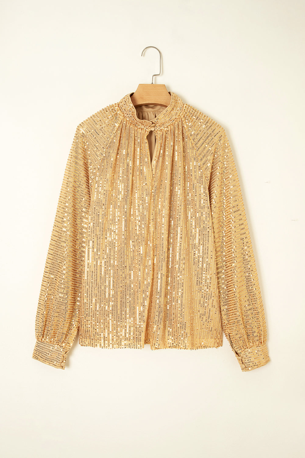 Sleeve Metallic Balloon Button-Front High Neck Loose Blouse