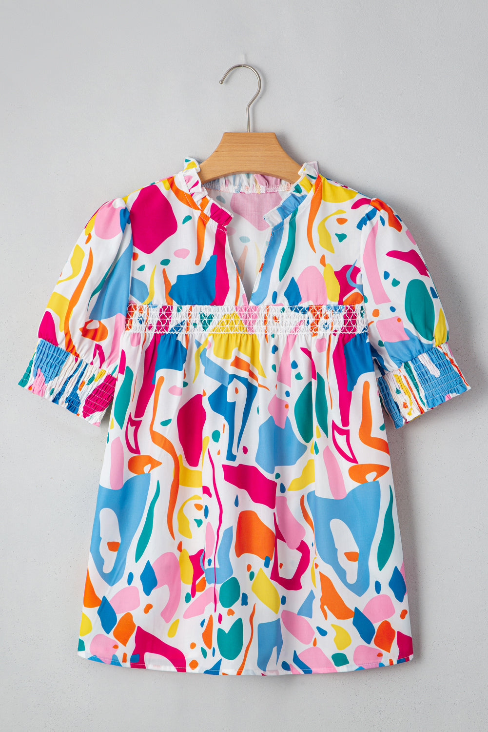 Abstract Print Lace Short Sleeve Split Neck Blouse