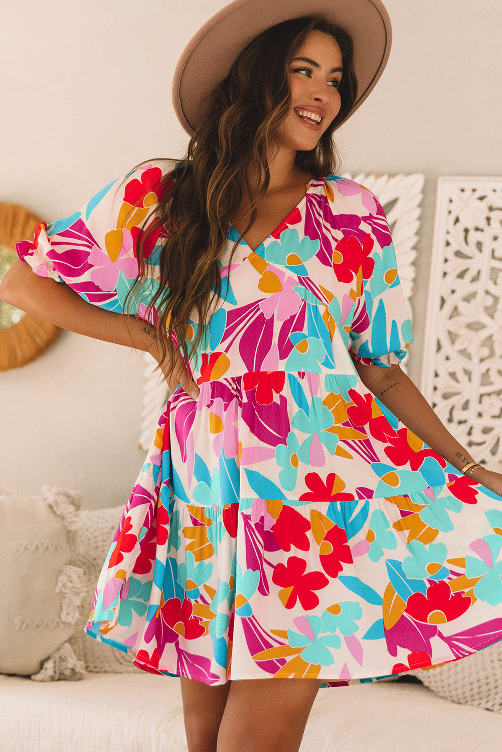 Rose Red Floral V Neck Tiered Ruffle Babydoll Dress
