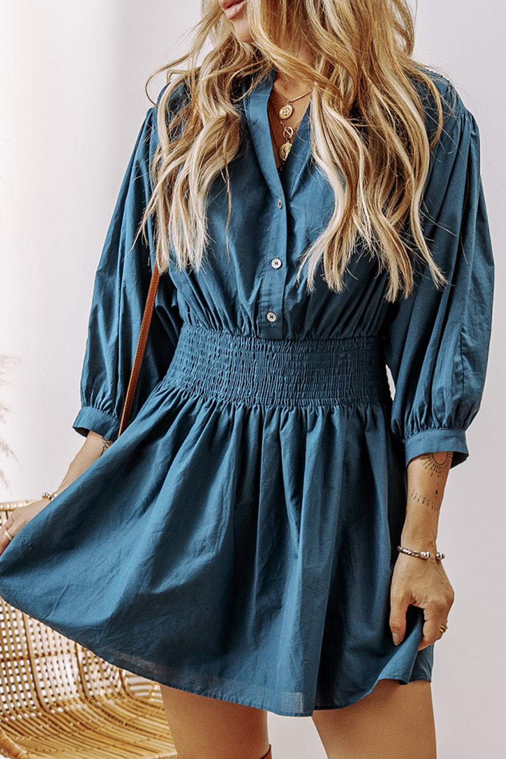 Mini Dress for Women Three-Quarter Sleeve Shirred High-Rise