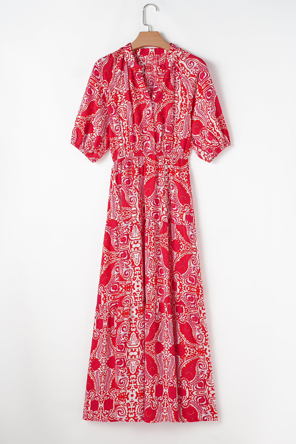 Red Paisley Print Side Slit High Waist Maxi Dress