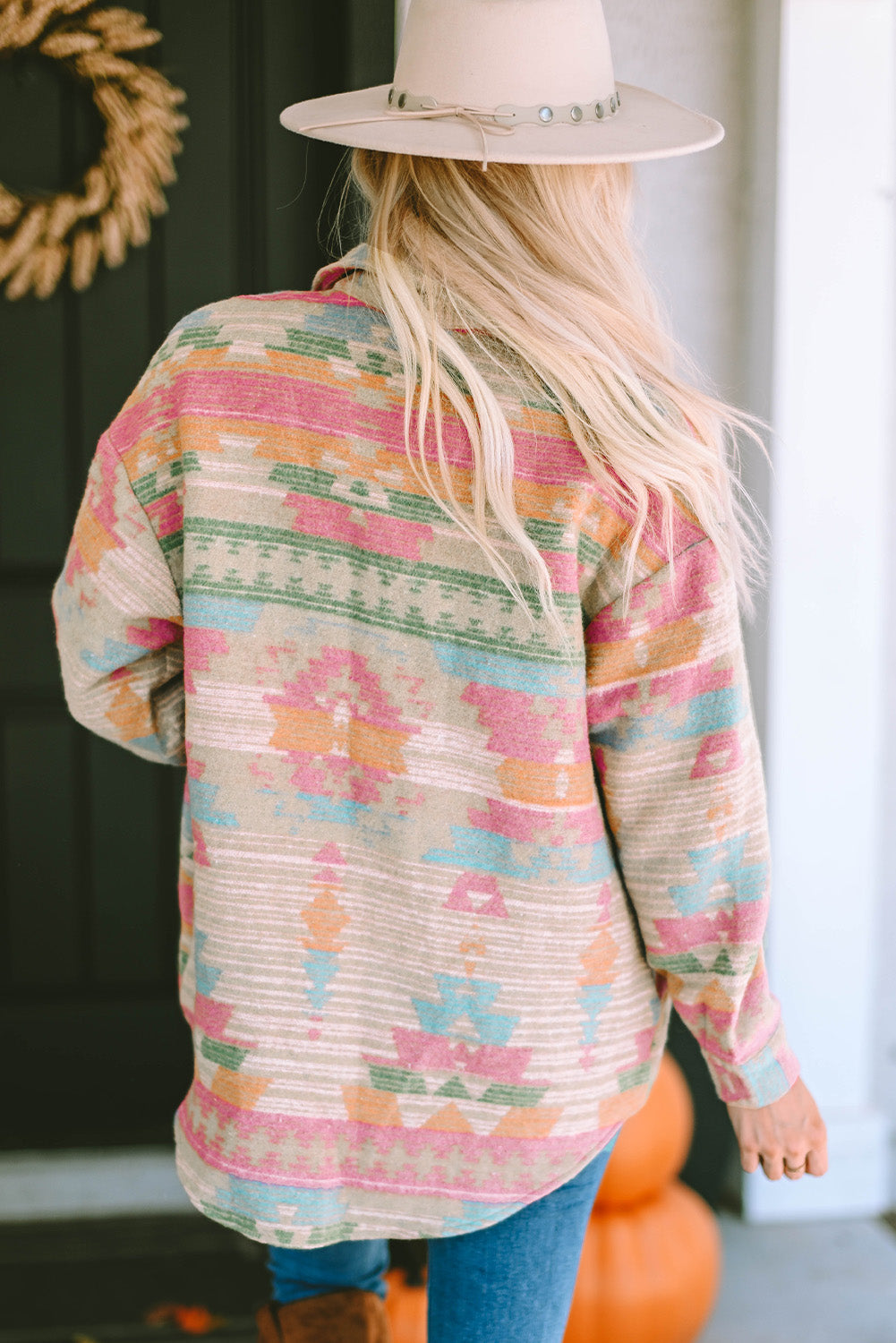 Women's Shacket Featuring Pink Western Aztec-Pattern Button Flap Pocket
