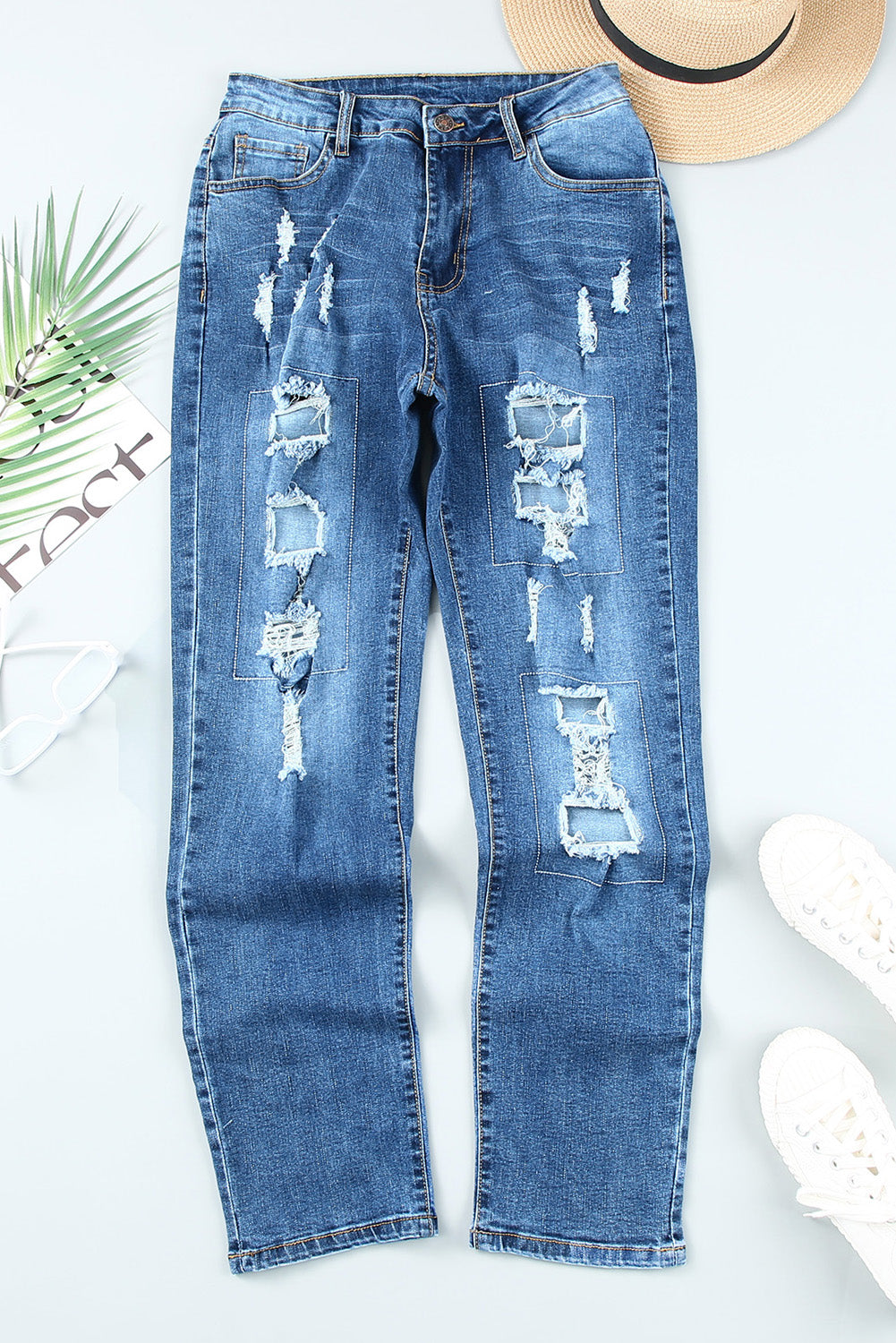 Women's Jeans with Button-Front Pockets Distressed