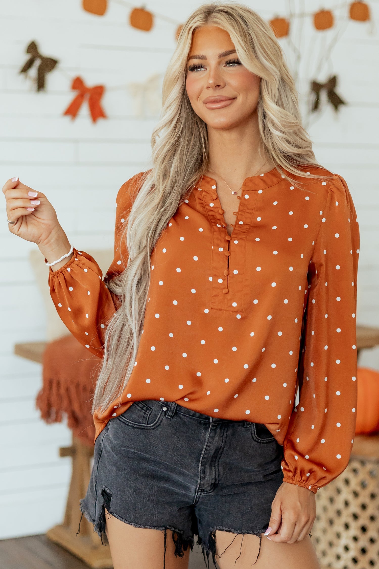 Long-Sleeved Polka-Dot V-Neck Blouse in Brown