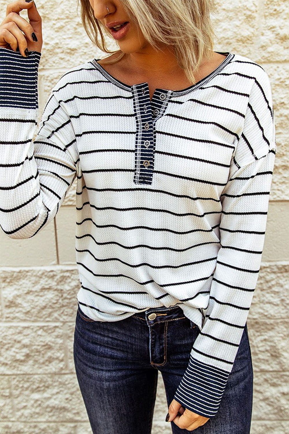 Button-Front Henley Striped Henley Waffle Knit Top