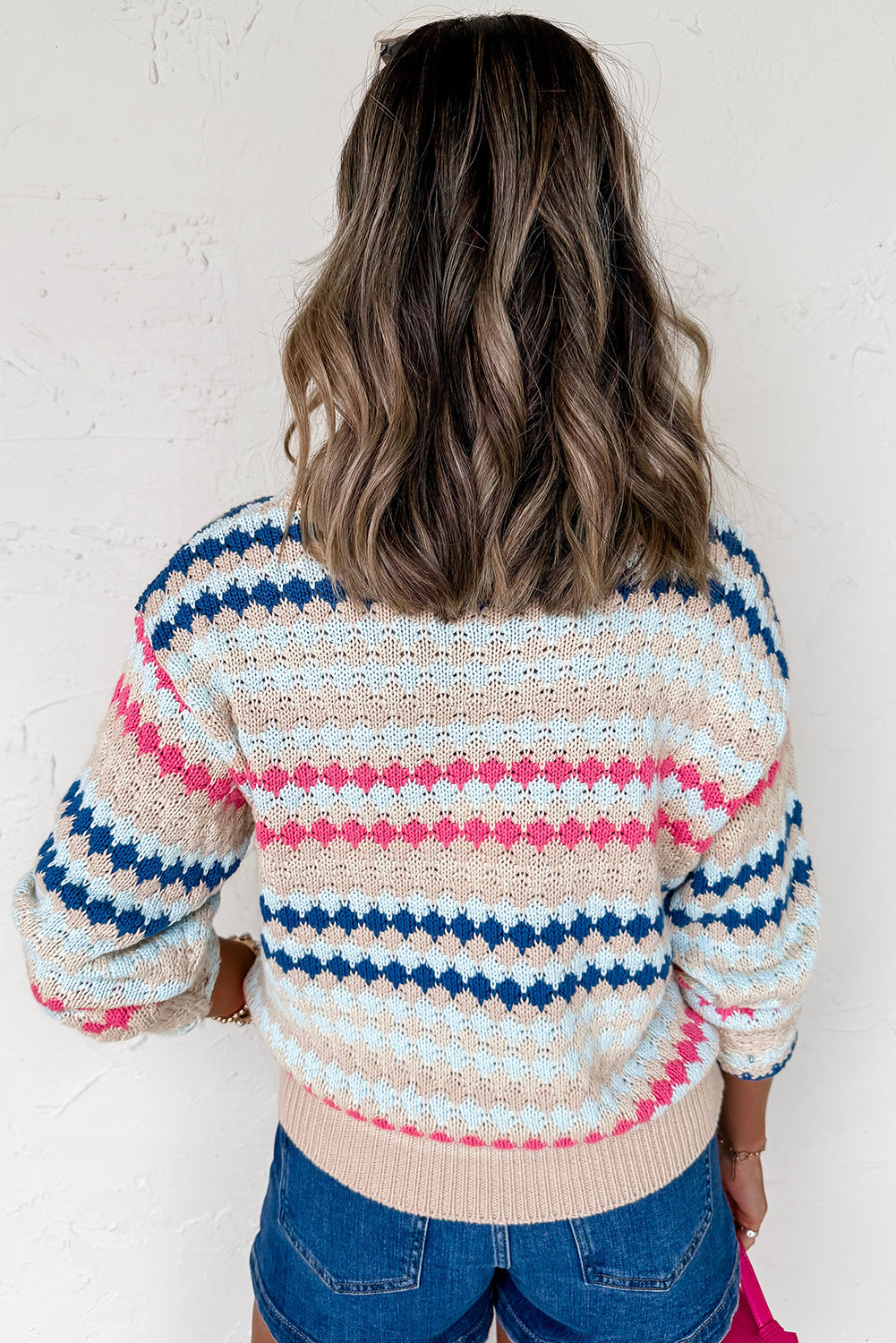 Eyelet Patterned Drop-Shoulder Knit Top