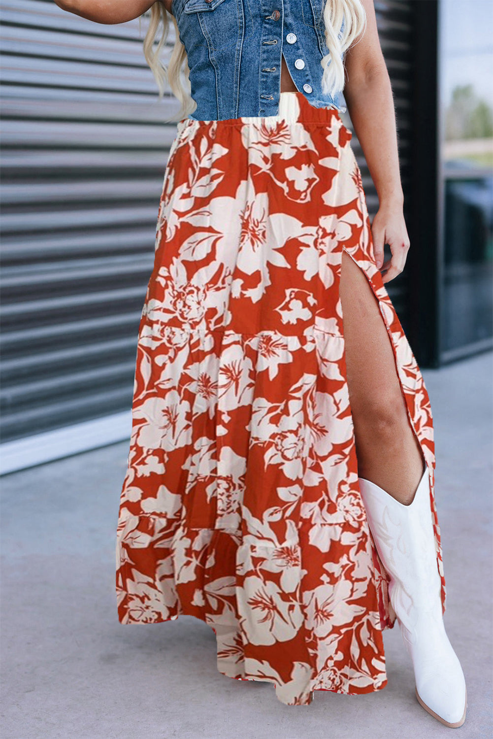 High Western Split Floral Cowgirl Maxi Skirt in Red