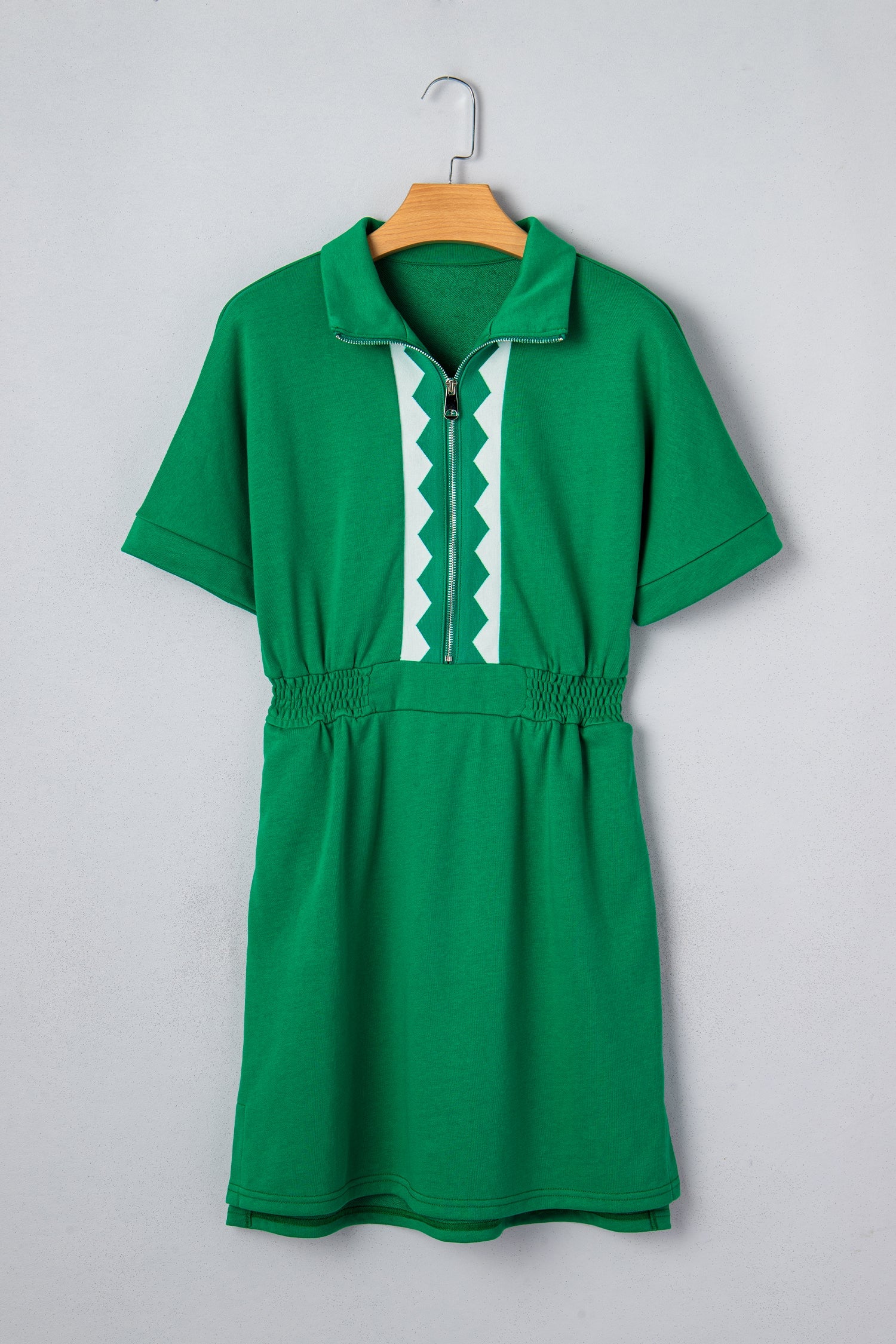 Half Zip Elastic Waist Short-Sleeved Mini Dress in Green