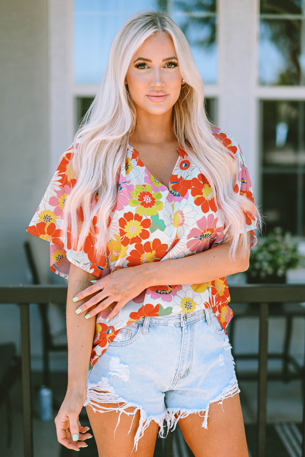 Women's Blouse with Half Sleeve Abstract Print V Neck