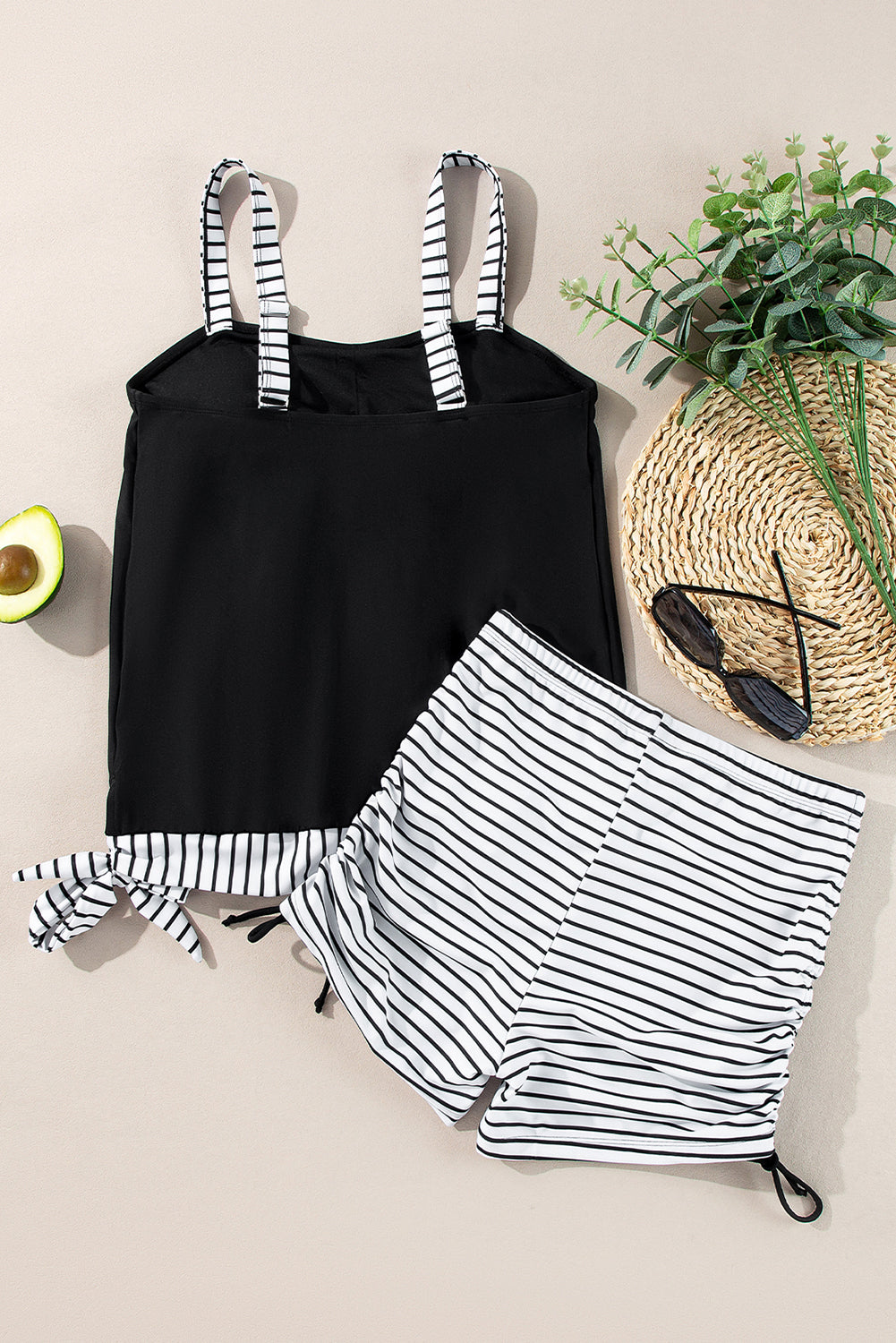 Striped Patchwork Side Drawstring Bottoms Tankini Set