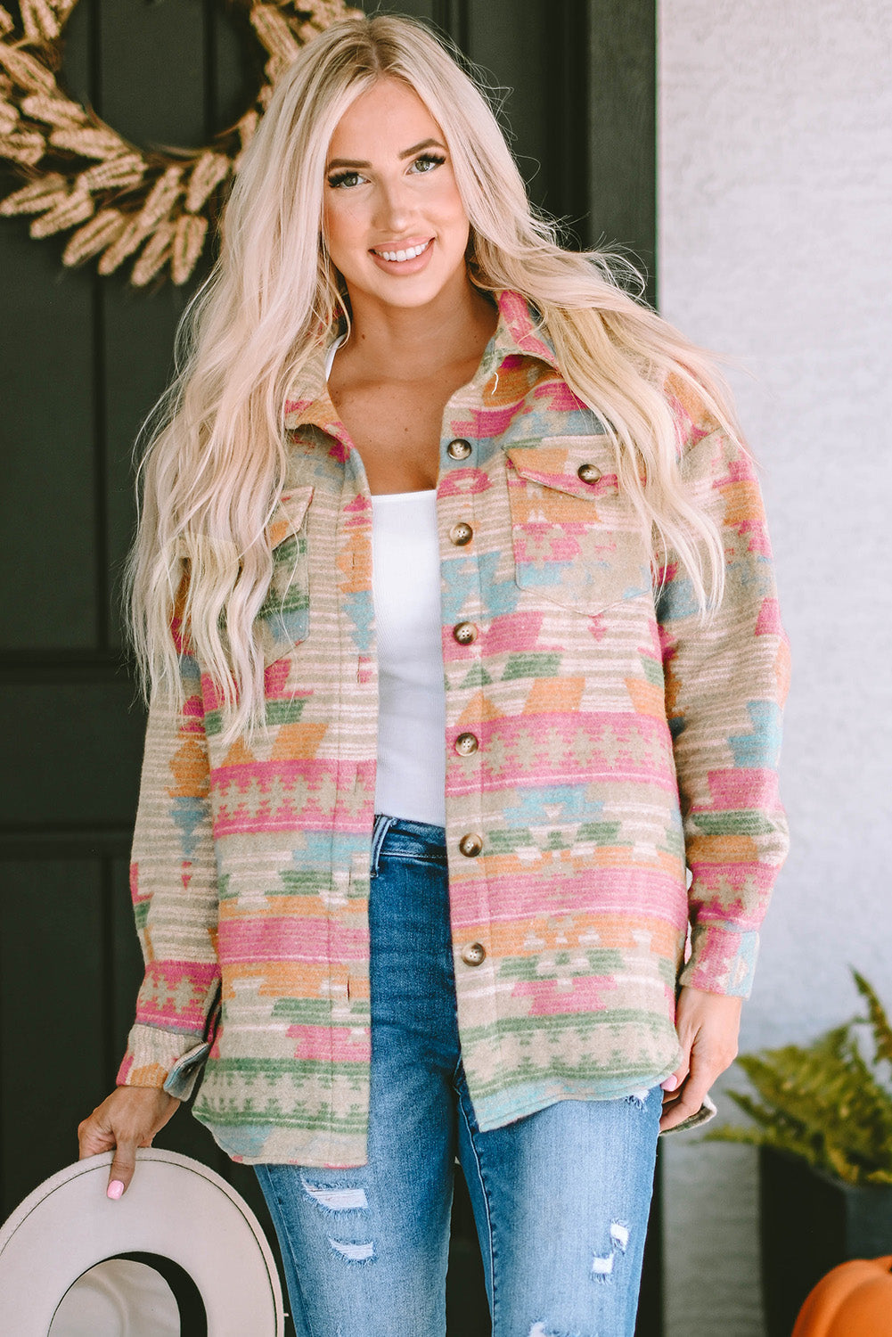 Women's Shacket Featuring Pink Western Aztec-Pattern Button Flap Pocket