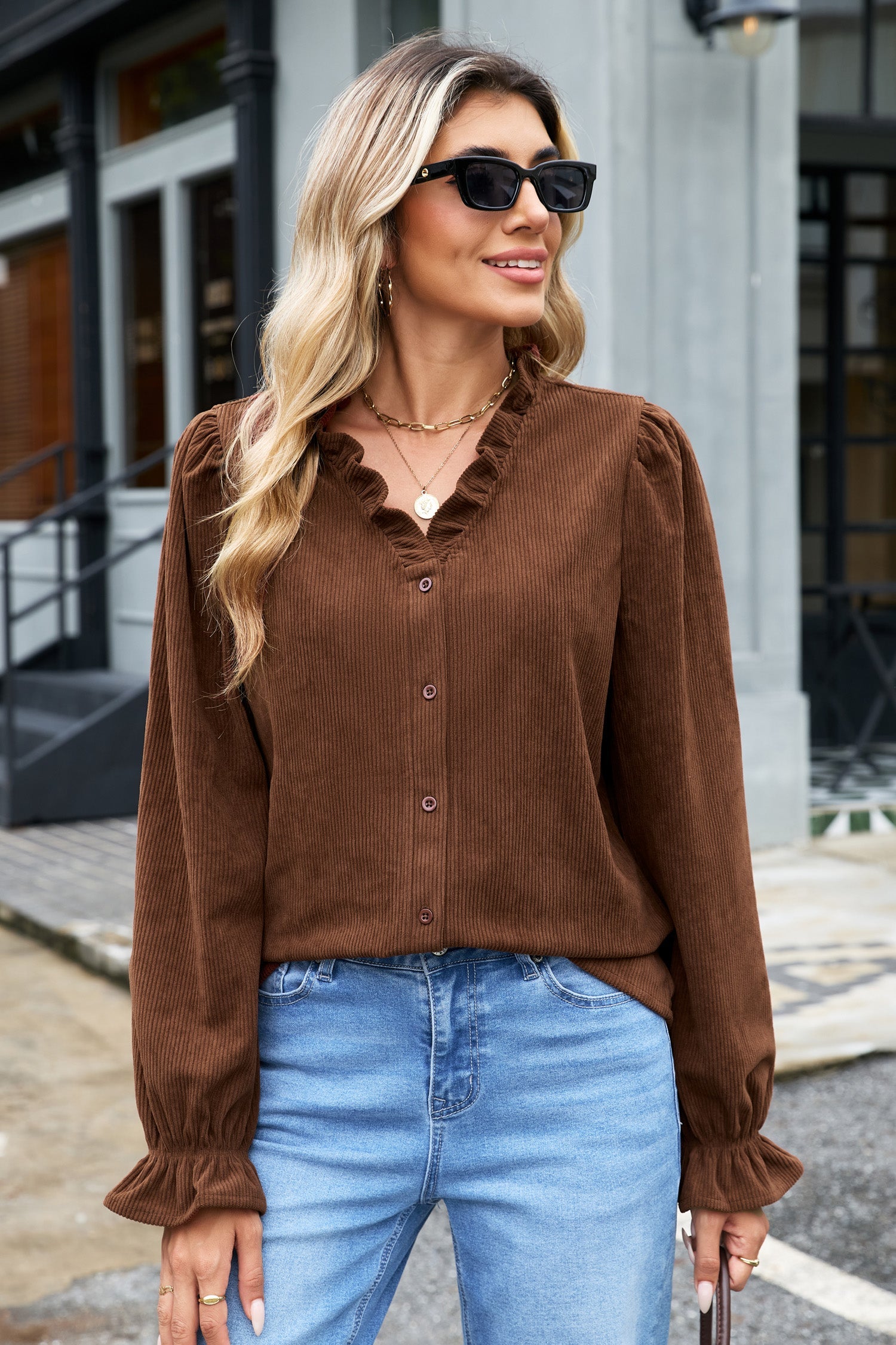 Long-Sleeved Coffee Solid Button Corduroy Shakcet