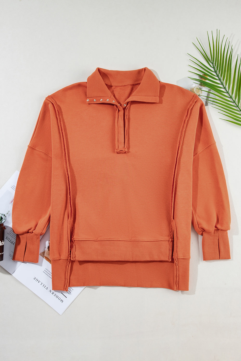 Button-Front Detail Collared Raw High Low Baggy Sweatshirt with Slits
