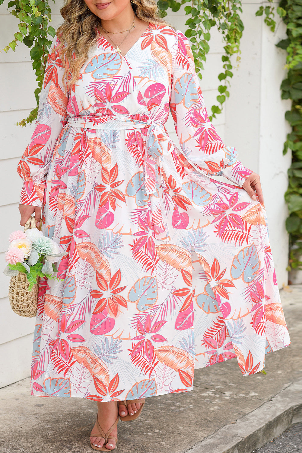 Robe longue taille haute à imprimé palmiers tropicaux et cravate grande taille