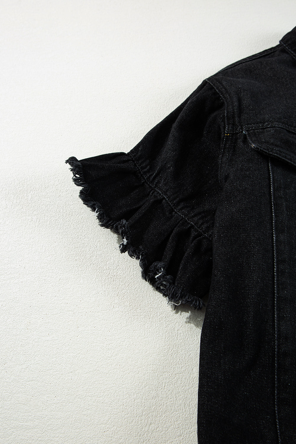Ruffled Raw Edge Short-Sleeved Denim Jacket in Black