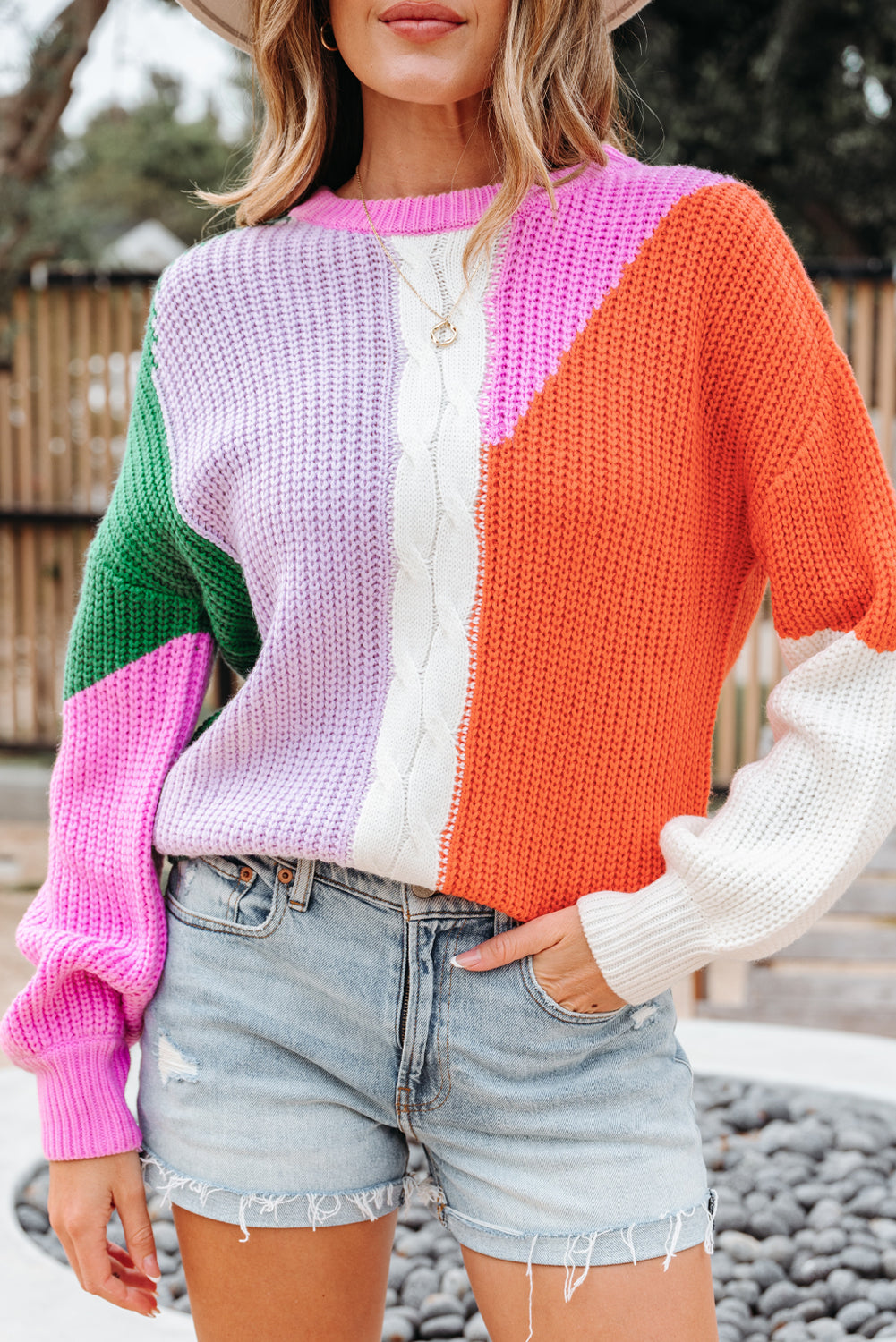 Knit Colorblock Textured Drop-Shoulder Easy-Fit Fit Knit Top