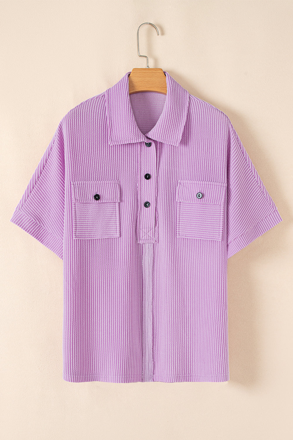 Corded Flap Pocket Collared Short Sleeve Blouse