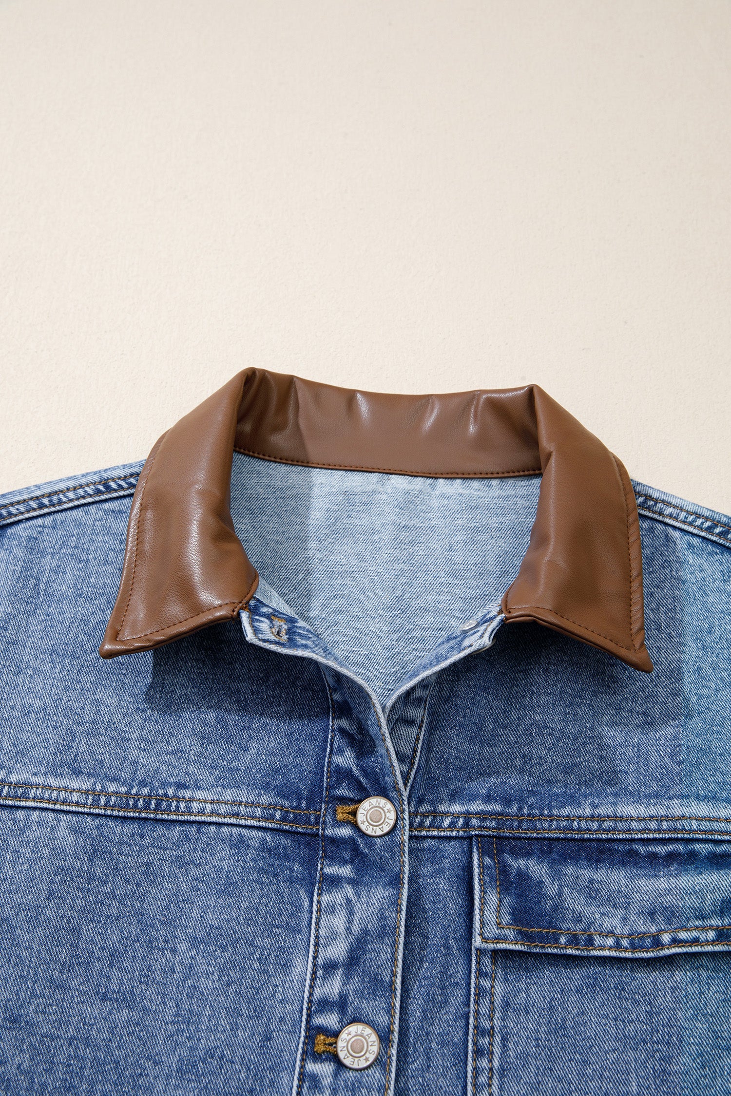 Patchwork Leather Collar Long-Sleeved Denim Jacket in Sky Blue