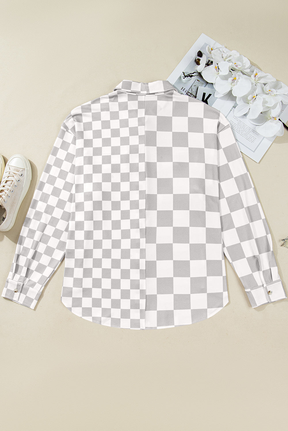 Checkered Plus Size Button-Front Down Everyday Western Jacket in Khaki