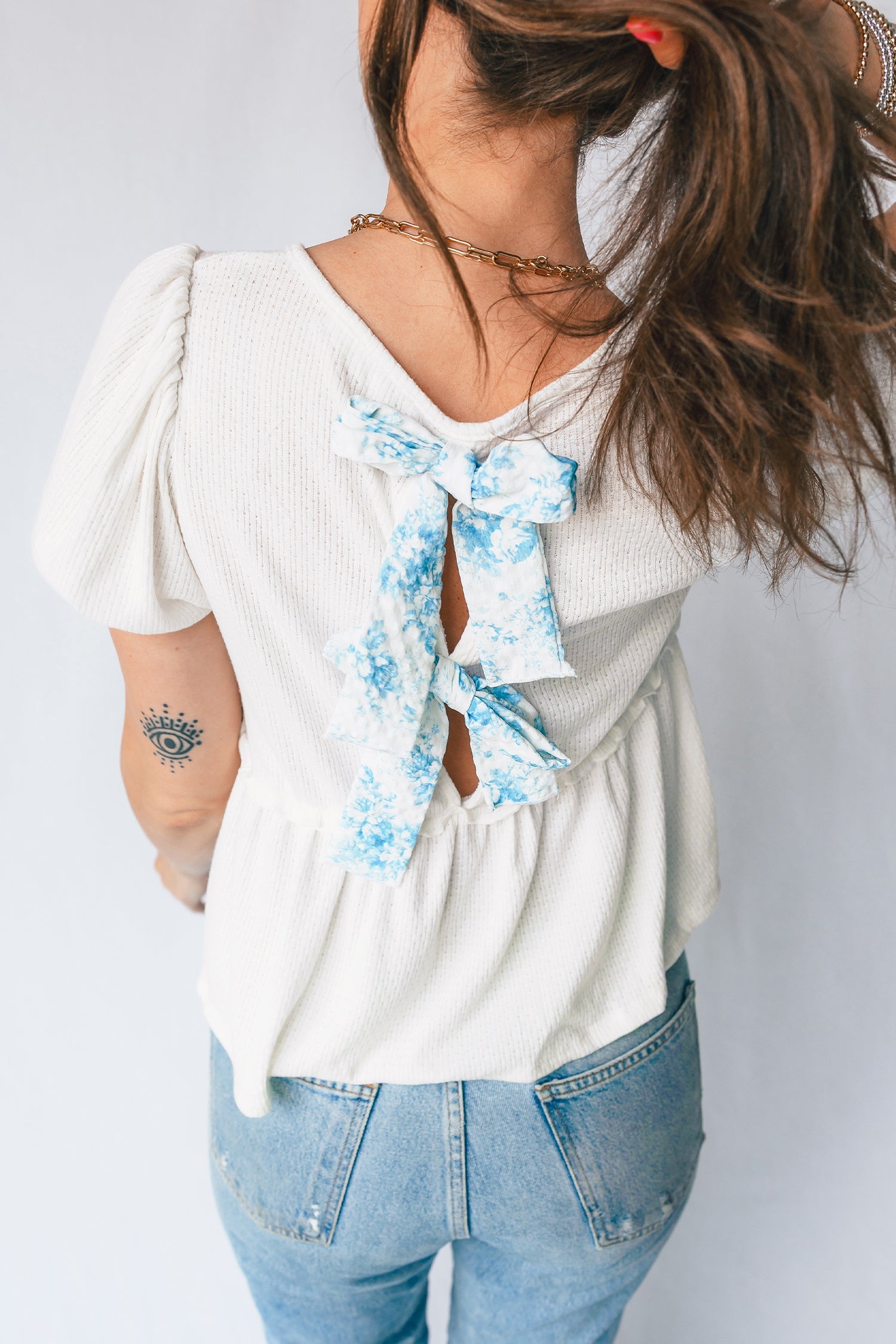 Knit V-Neck Textured V-Neck Short Bubble Sleeve Peplum Top