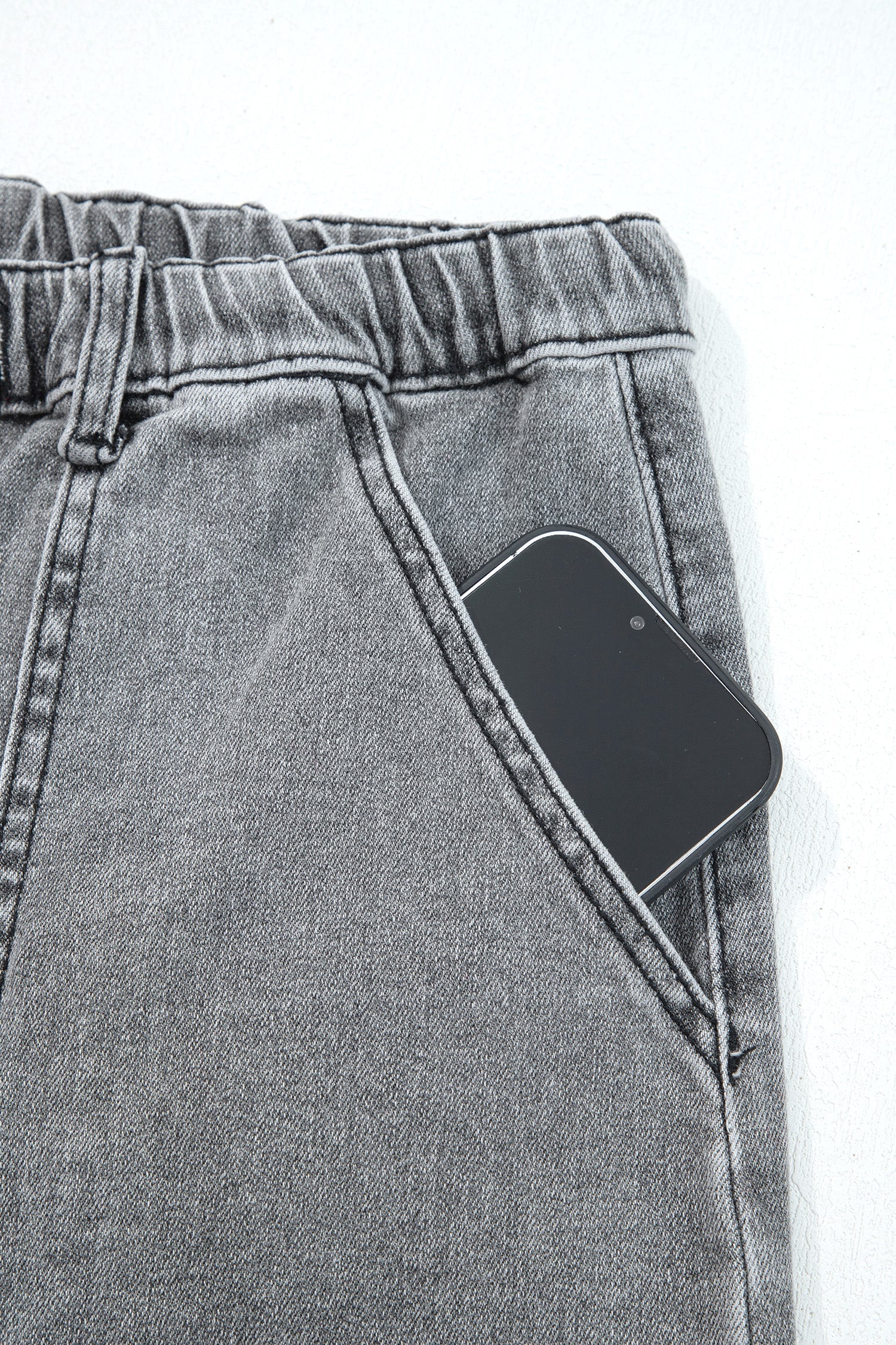 Detail Drawcord Seam Raw Hem Wide-Leg Denim Pants in Gray
