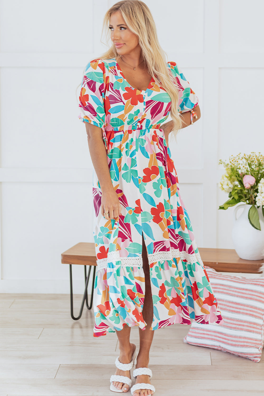 Floral Knot Buttoned Front Split Lace Maxi Dress
