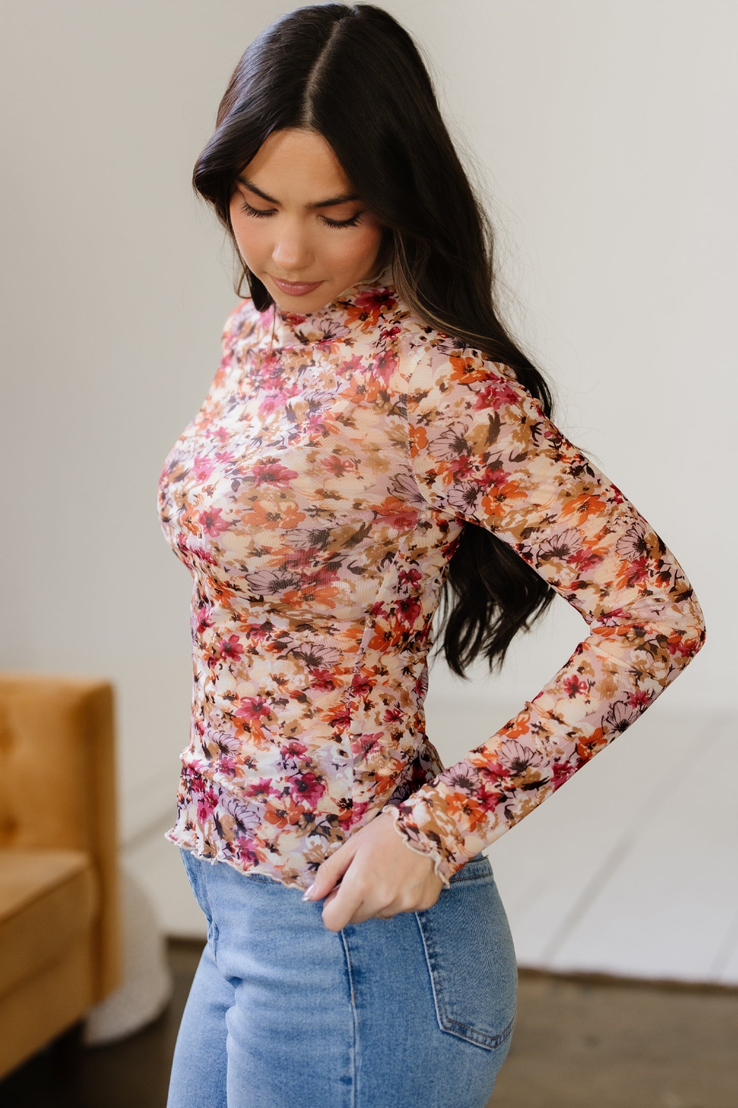 Mesh Long-Sleeved Floral-Print Long-Sleeved Top in Red