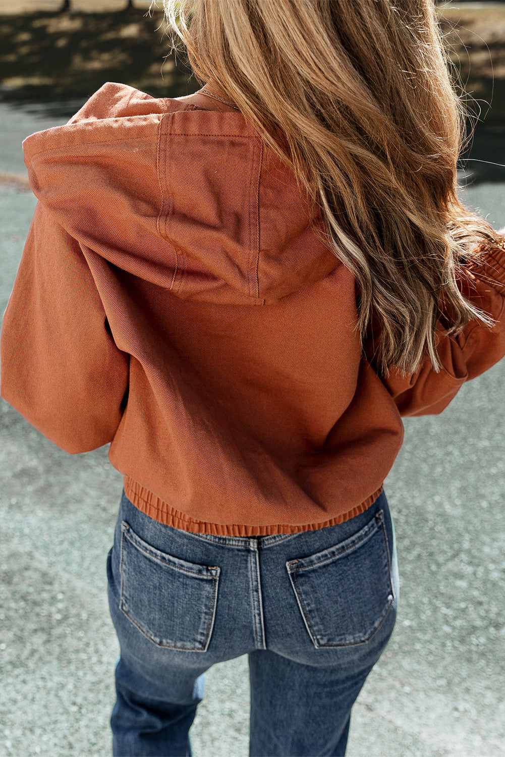 Women's Drawcord Hooded Elastic Hem Denim Jacket