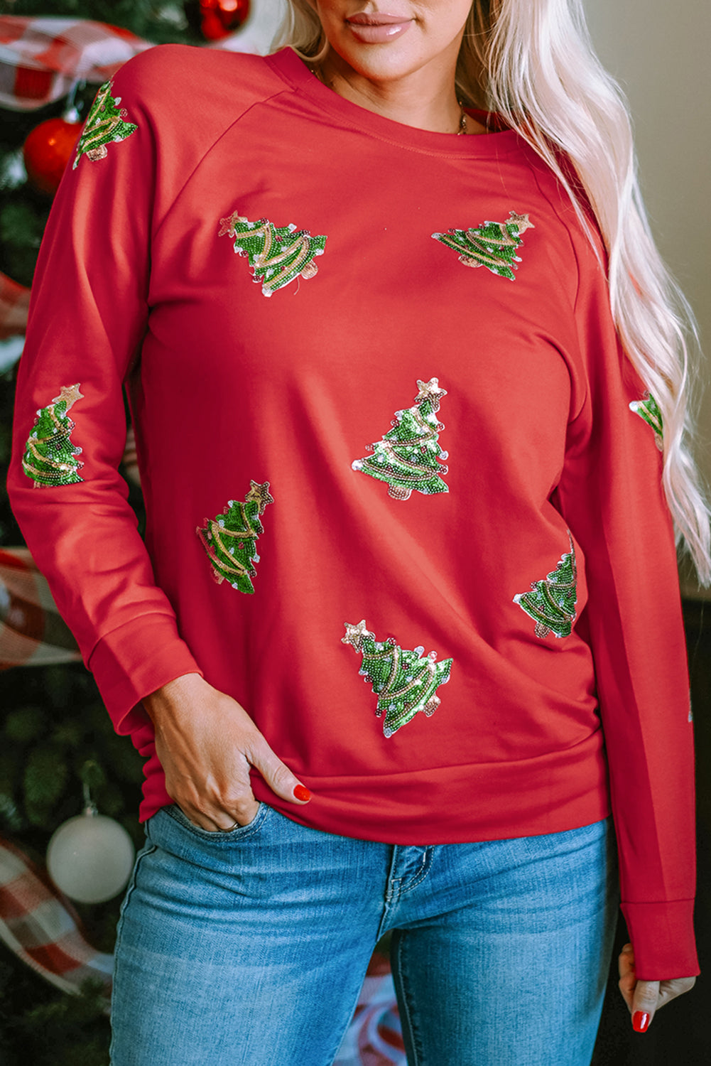 Sweat-shirt à manches raglan et arbre de Noel à paillettes