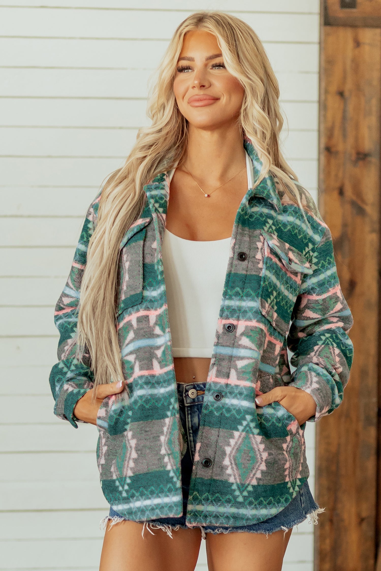 Geometric Print Button Front Long-Sleeved Shacket in Green