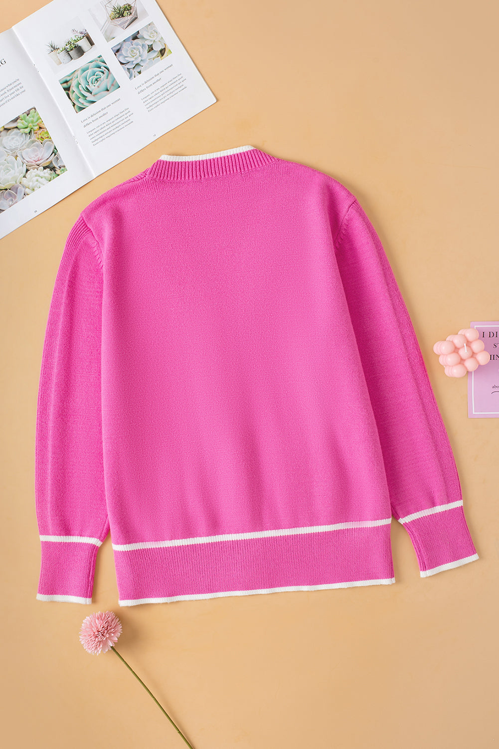 Bright Pink Color Contrast Side Pockets Button V-Neck Cardigan