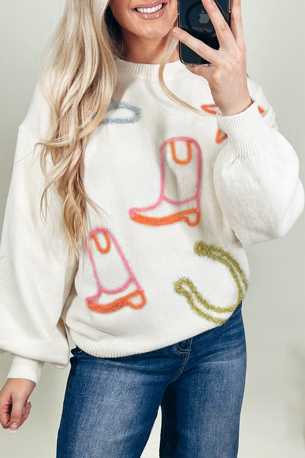 Boots Tinsel Western Horseshoe Star Knit Crew-Neck Knit Top