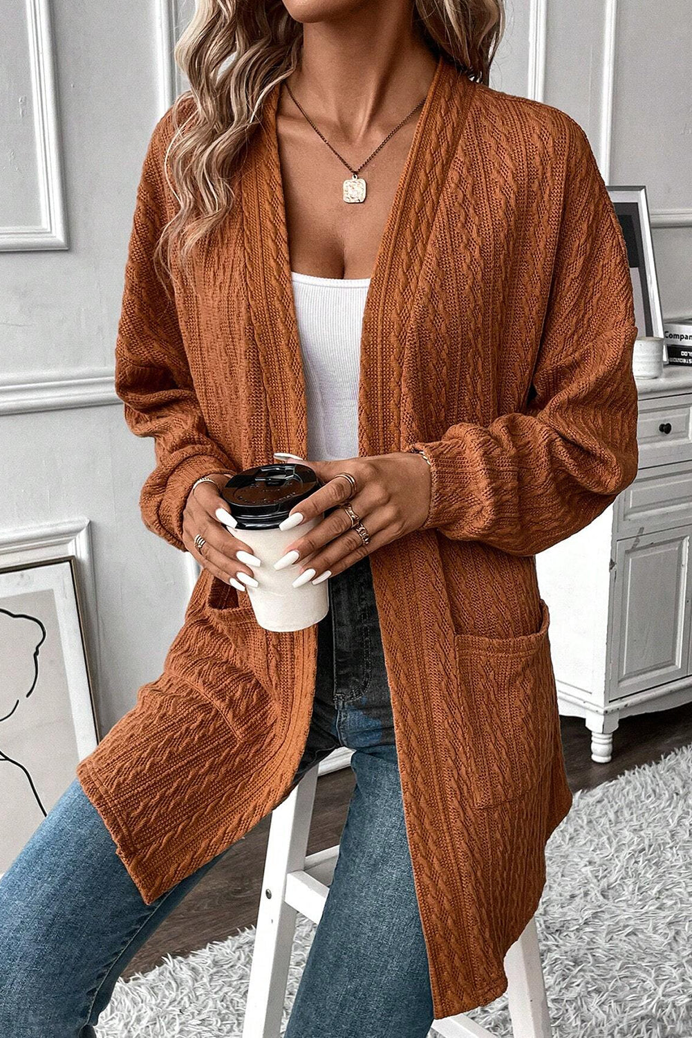 Knit Side Textured Side Pockets Open-Front Cardigan in Chestnut